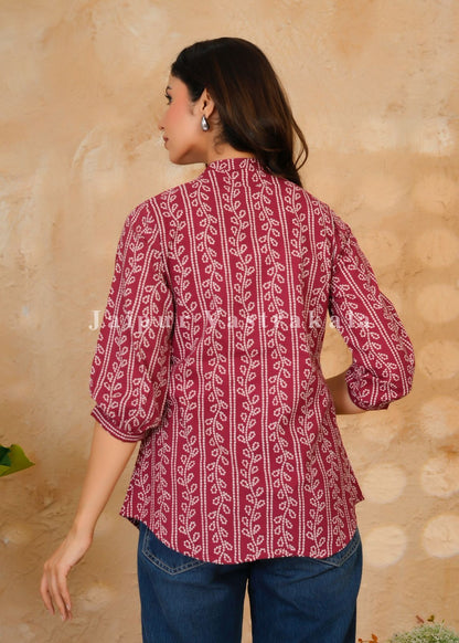 Maroon Bandhej Veins Cotton Top