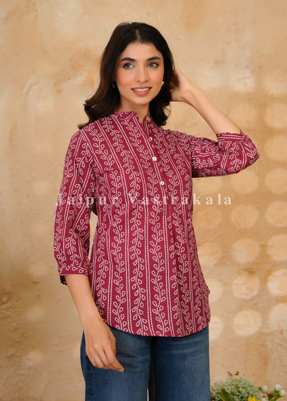 Maroon Bandhej Veins Cotton Top