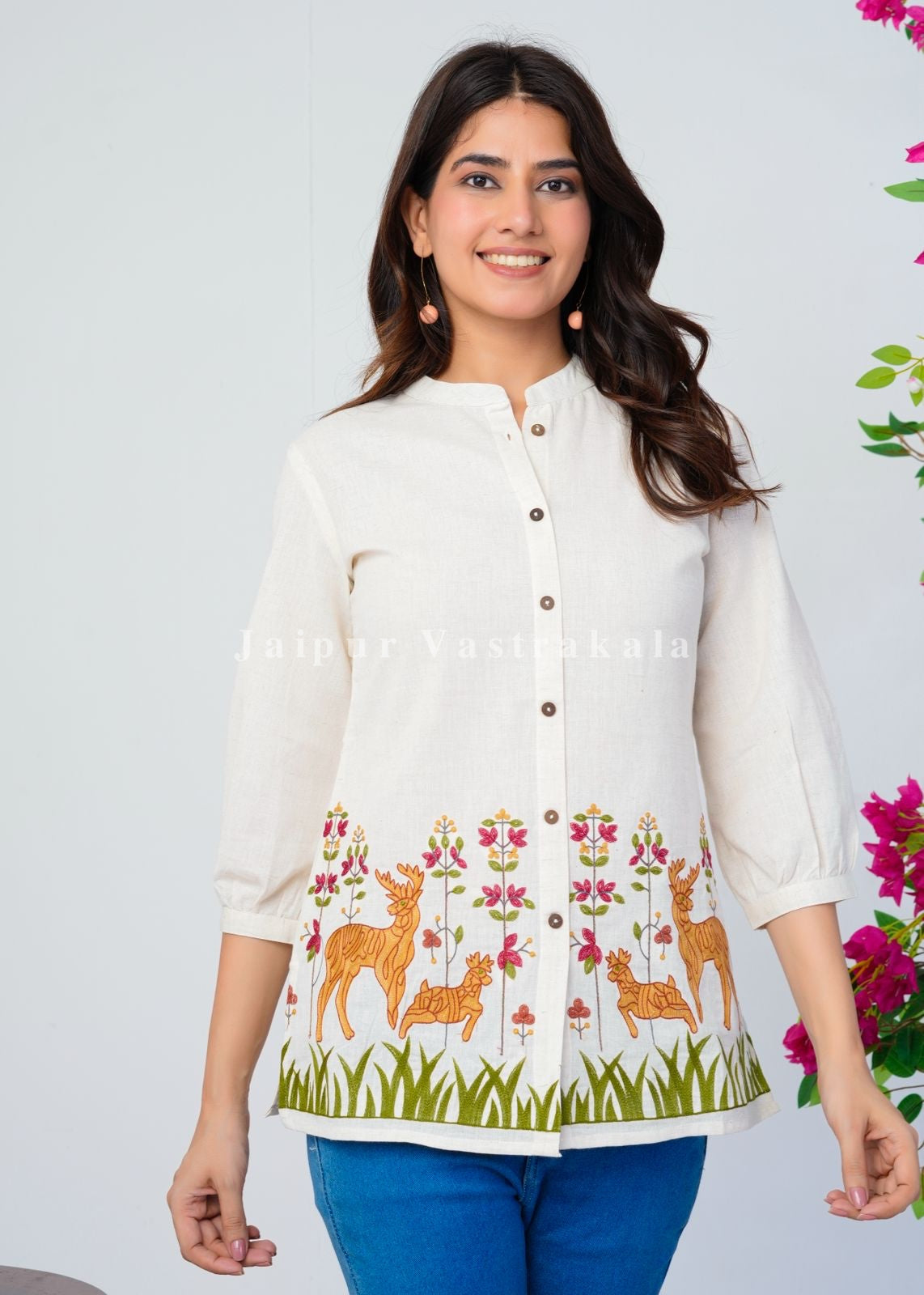 White Deer Park Embroidery Cotton Linen Top
