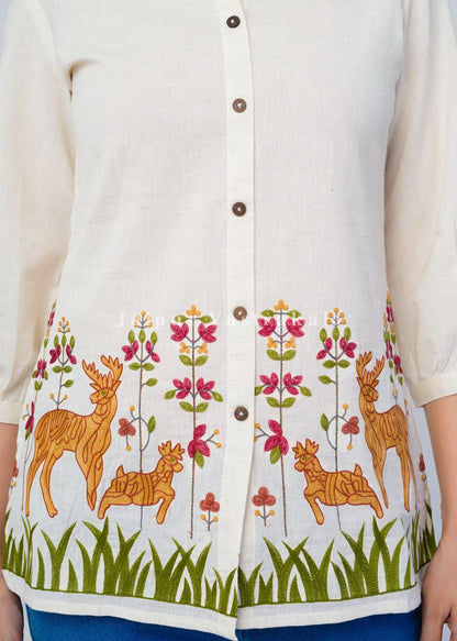 White Deer Park Embroidery Cotton Linen Top