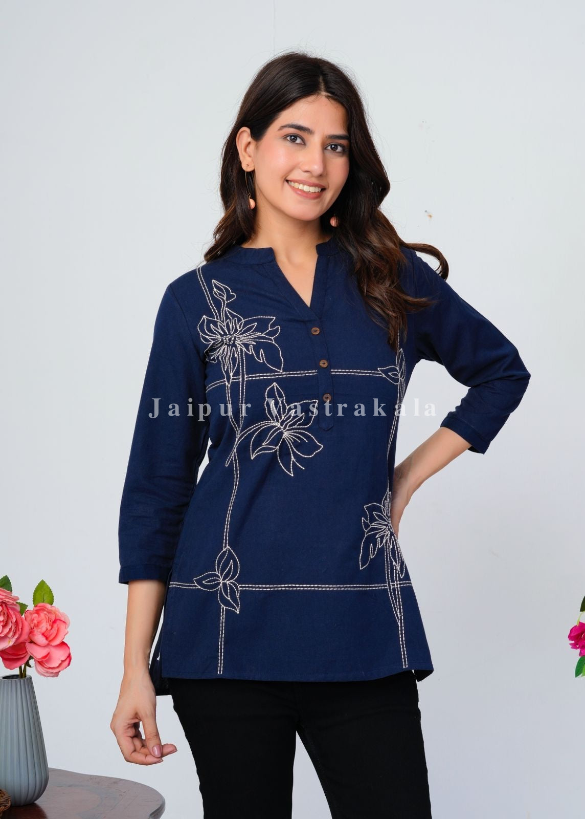 Navy Blue Bud Embroidery Cotton Linen Top