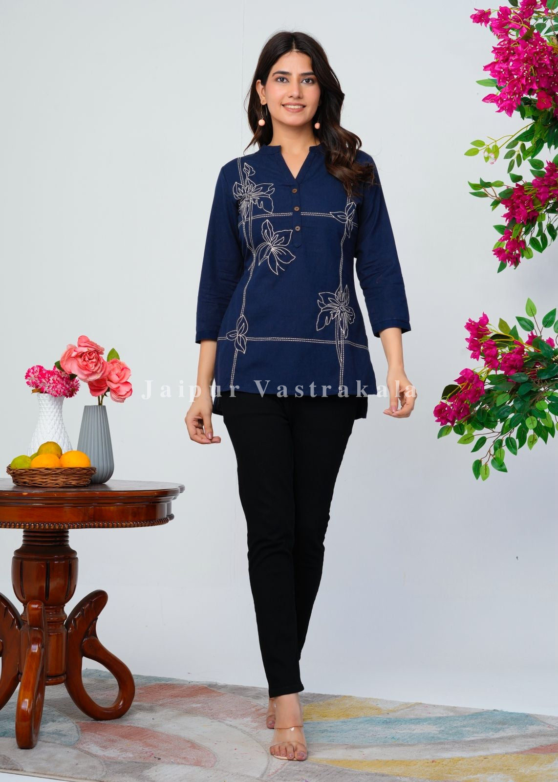 Navy Blue Bud Embroidery Cotton Linen Top