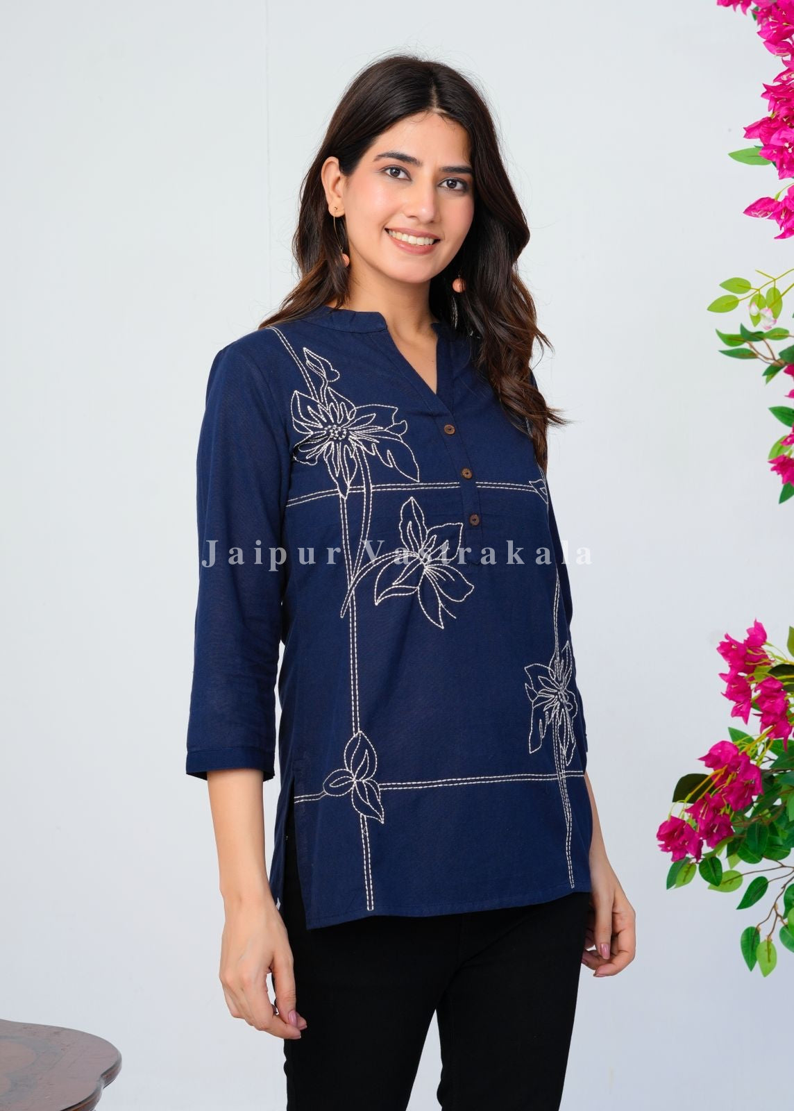 Navy Blue Bud Embroidery Cotton Linen Top