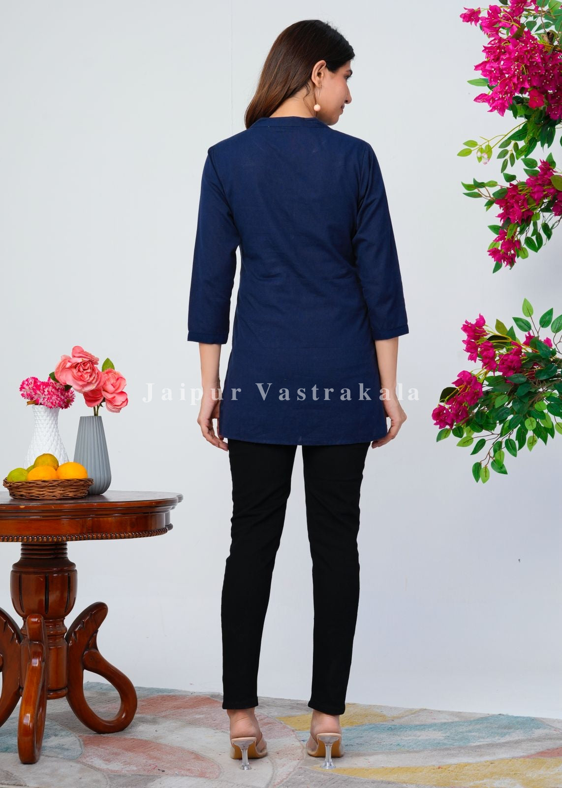 Navy Blue Bud Embroidery Cotton Linen Top
