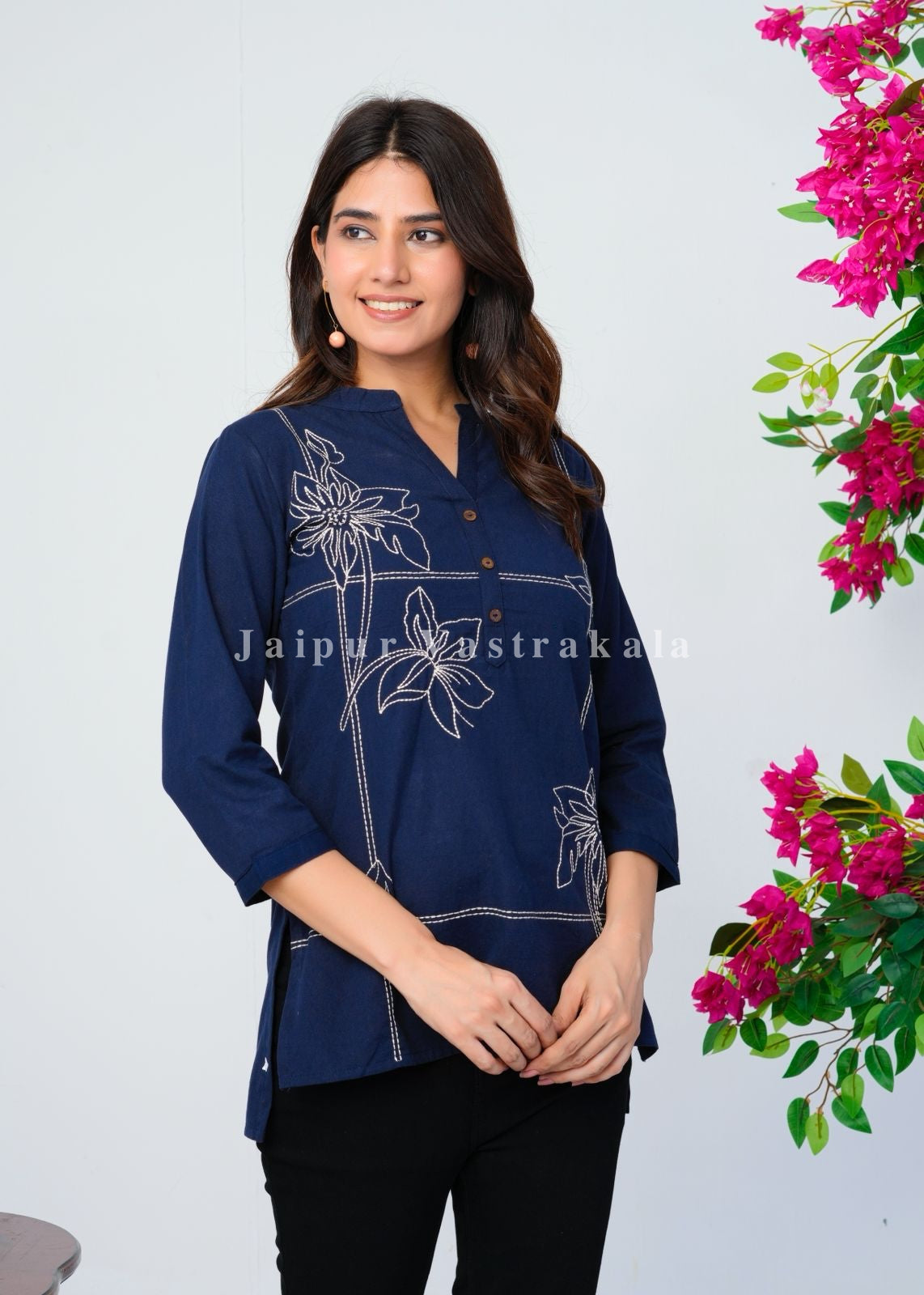 Navy Blue Bud Embroidery Cotton Linen Top