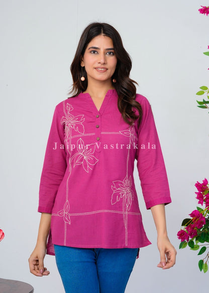Pink Bud Embroidery Cotton Linen Top