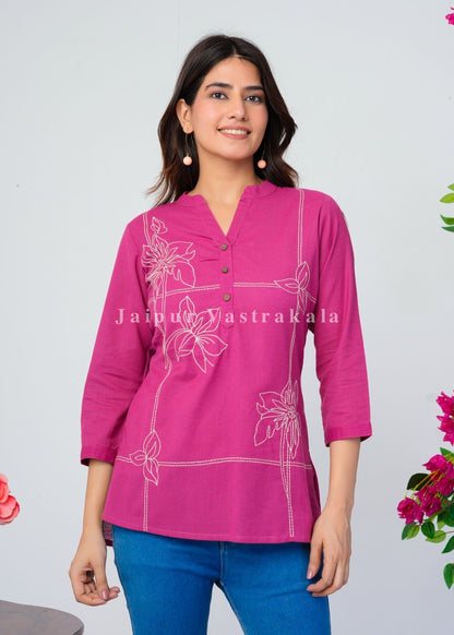 Pink Bud Embroidery Cotton Linen Top