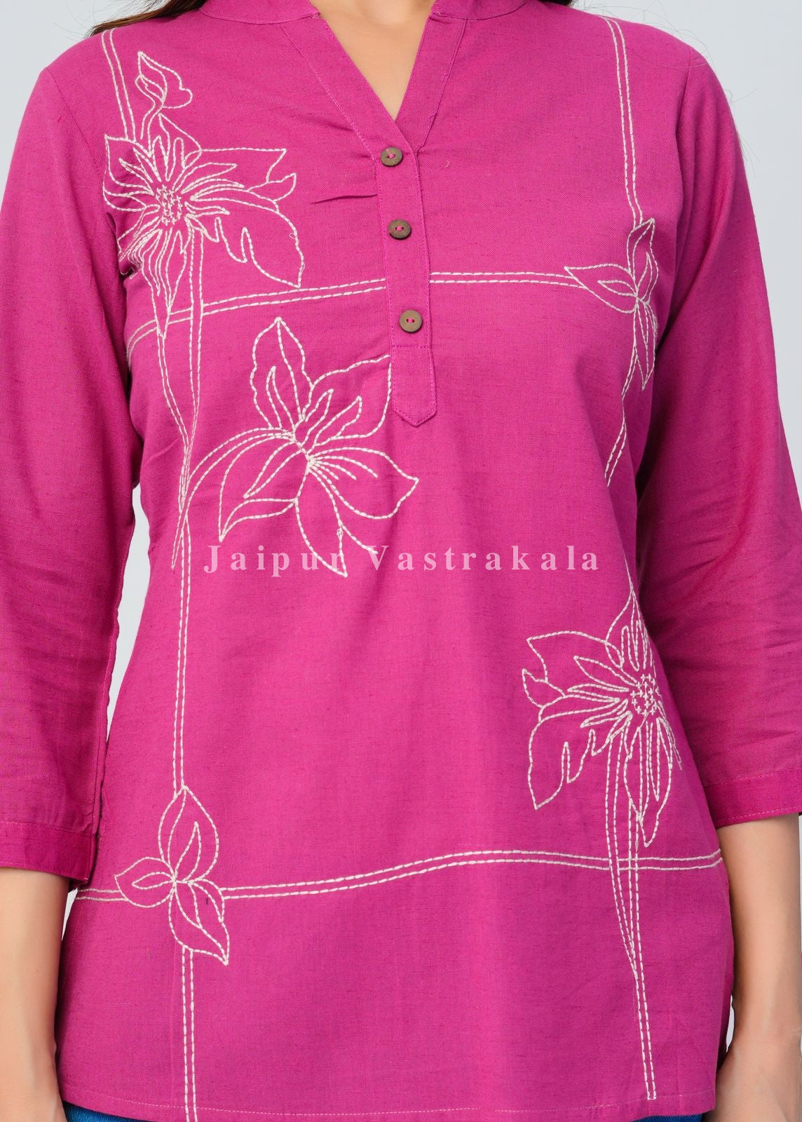 Pink Bud Embroidery Cotton Linen Top