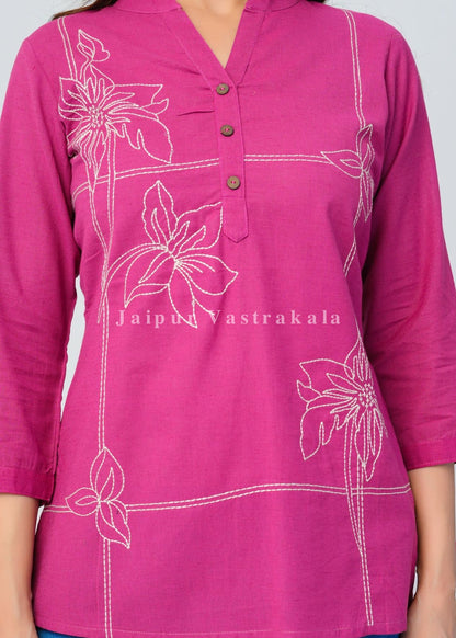Pink Bud Embroidery Cotton Linen Top