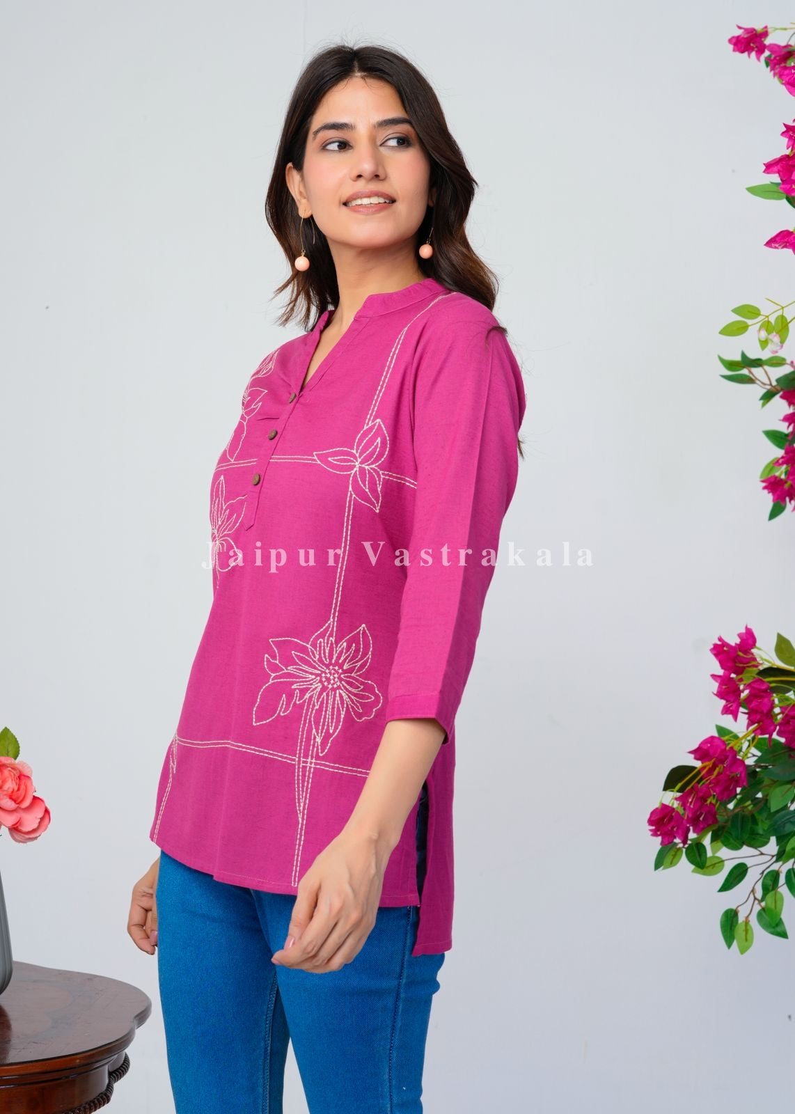 Pink Bud Embroidery Cotton Linen Top