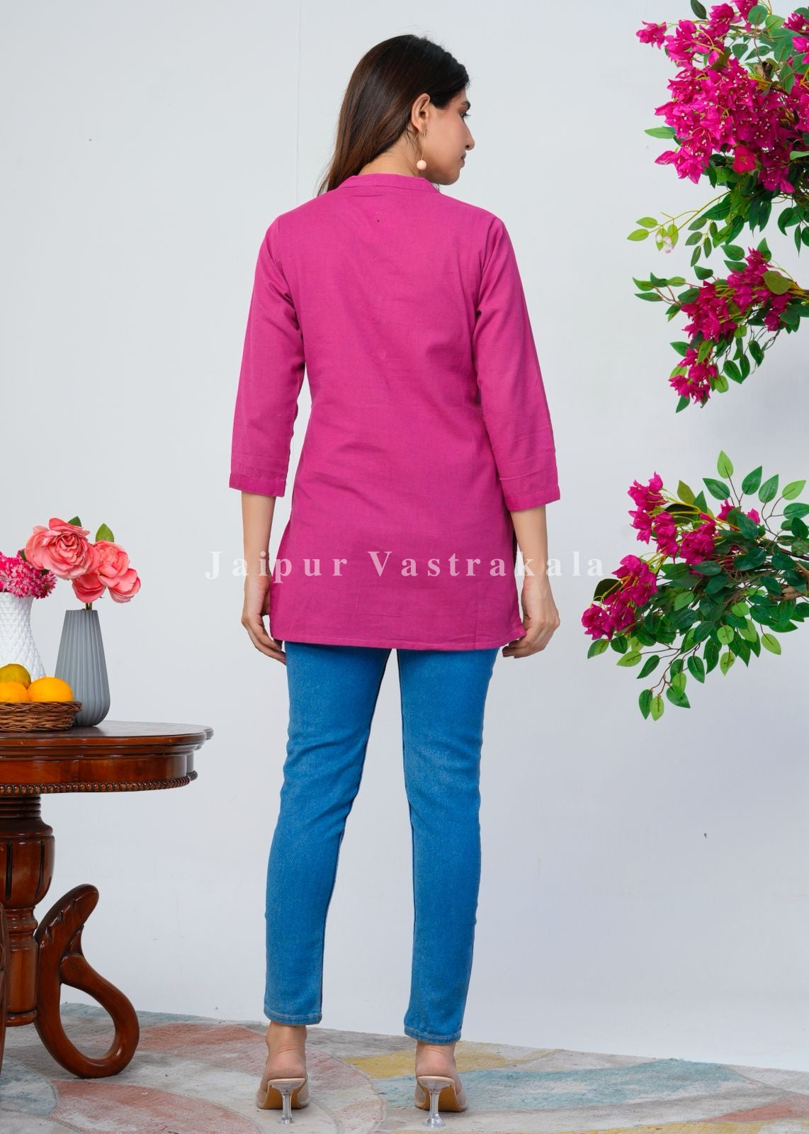 Pink Bud Embroidery Cotton Linen Top