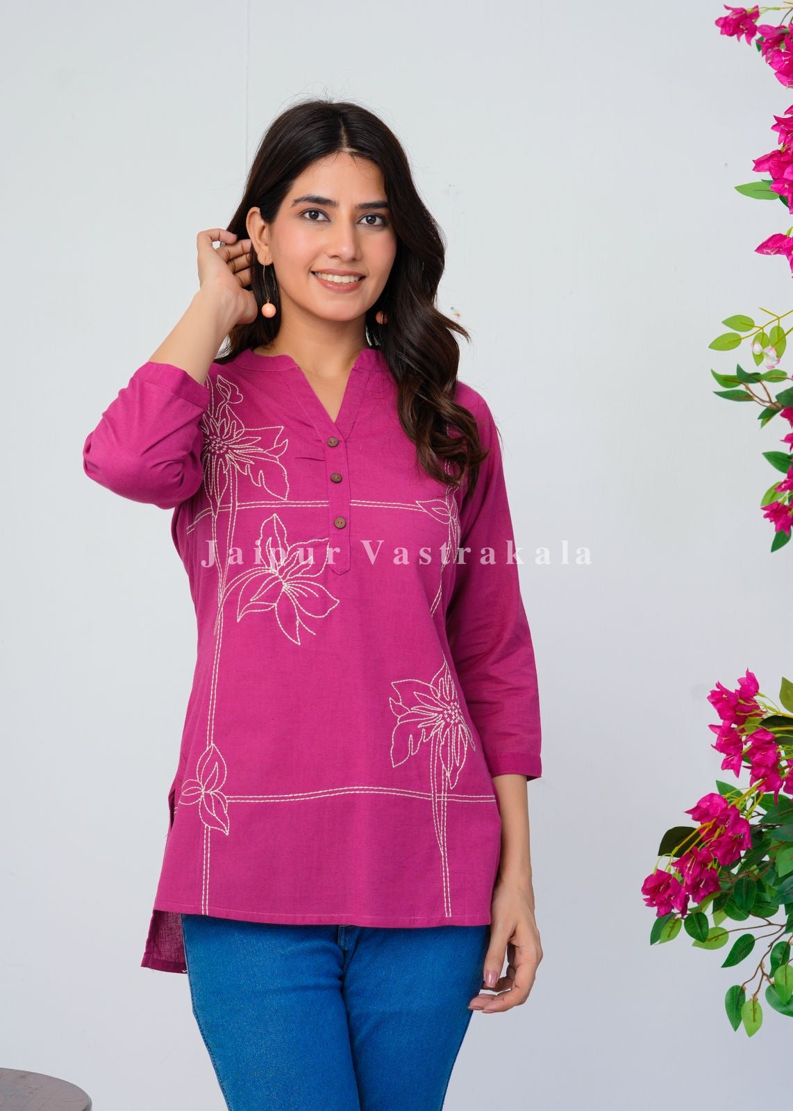 Pink Bud Embroidery Cotton Linen Top