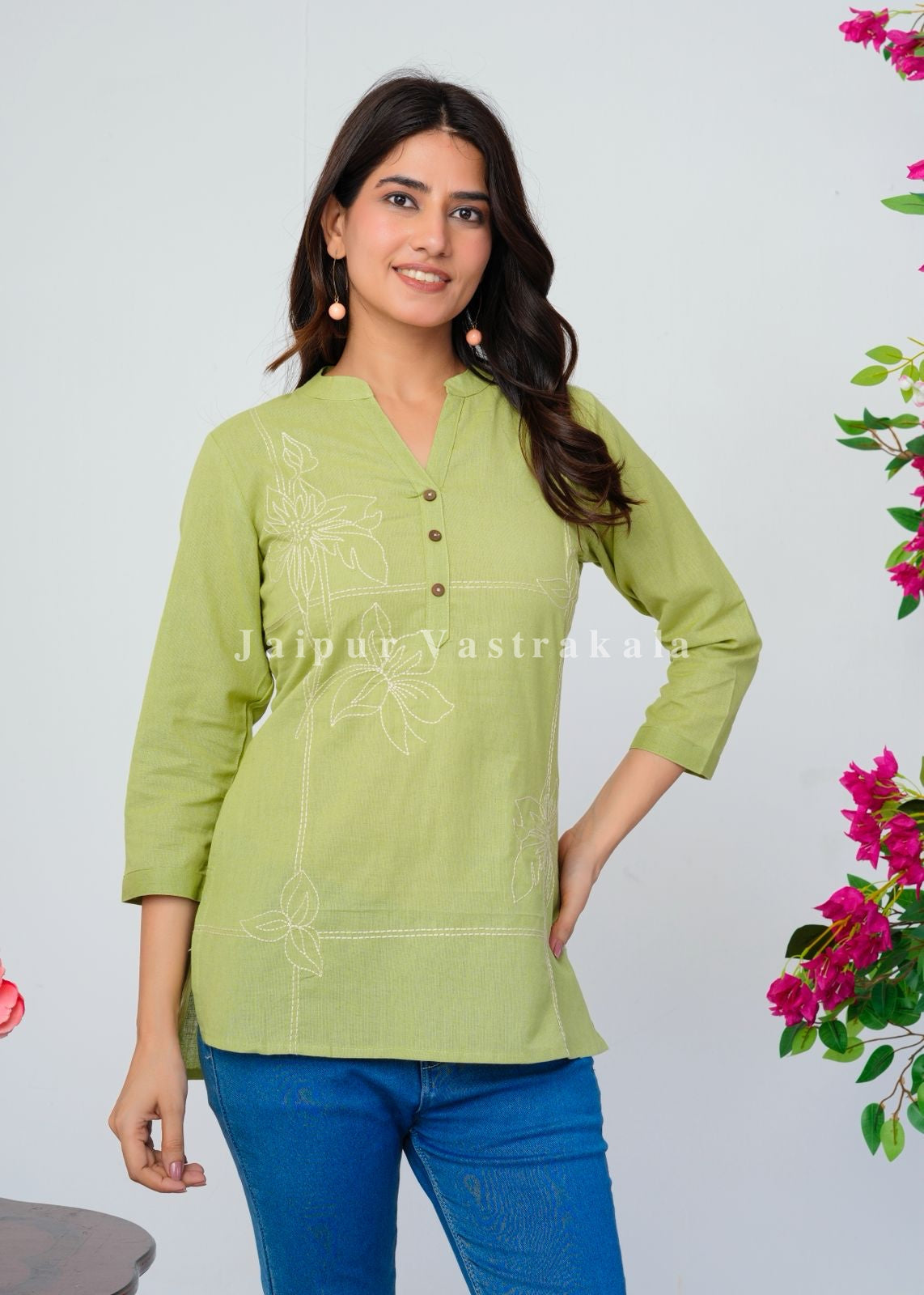 Pista Green Bud Embroidery Cotton Linen Top
