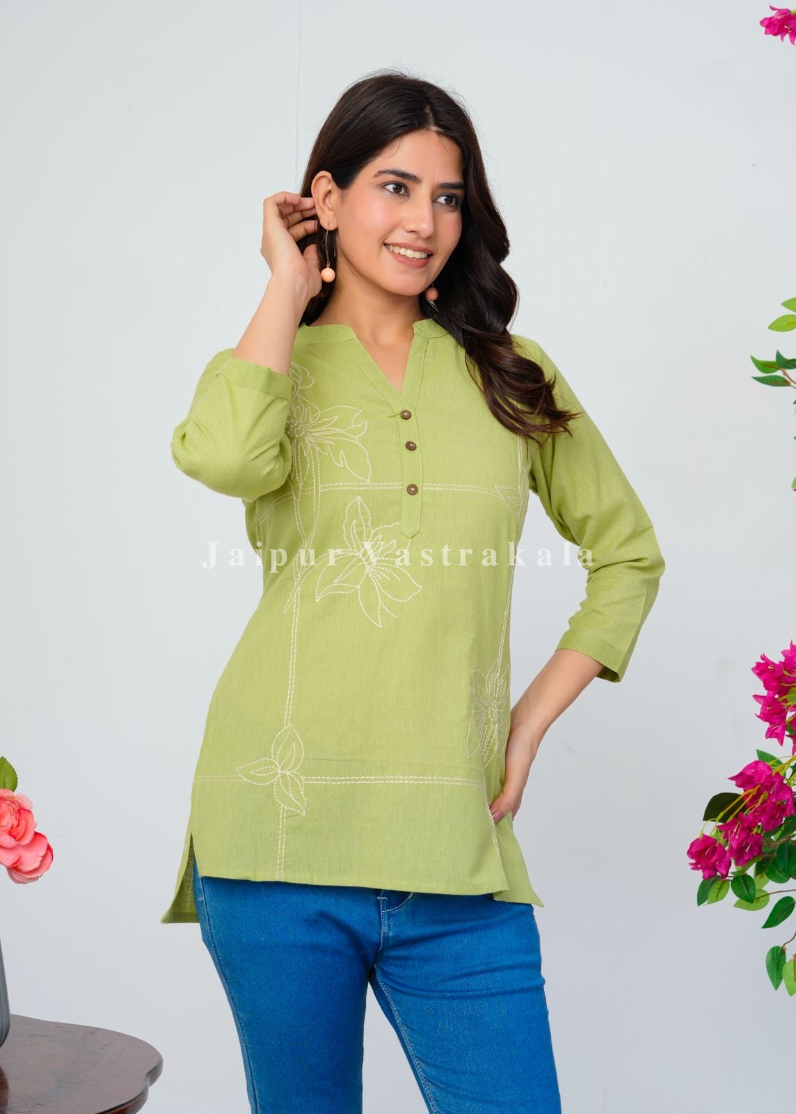 Pista Green Bud Embroidery Cotton Linen Top