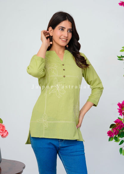 Pista Green Bud Embroidery Cotton Linen Top