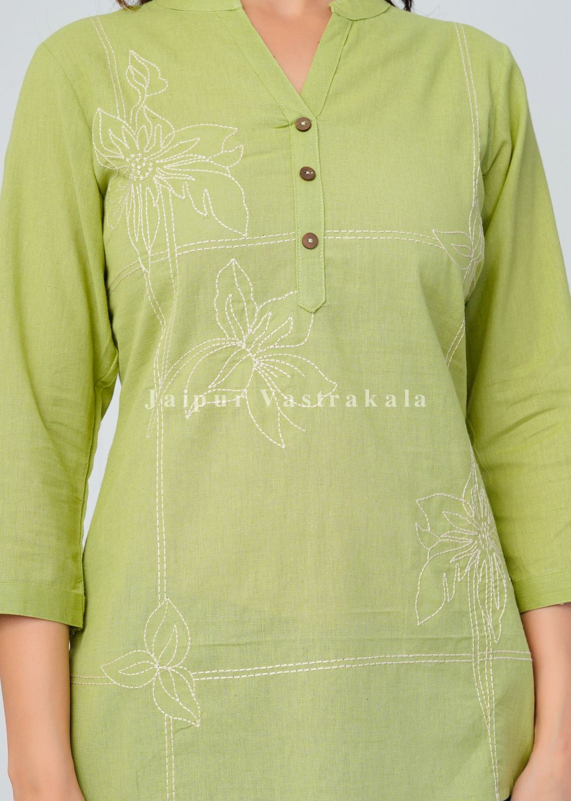 Pista Green Bud Embroidery Cotton Linen Top