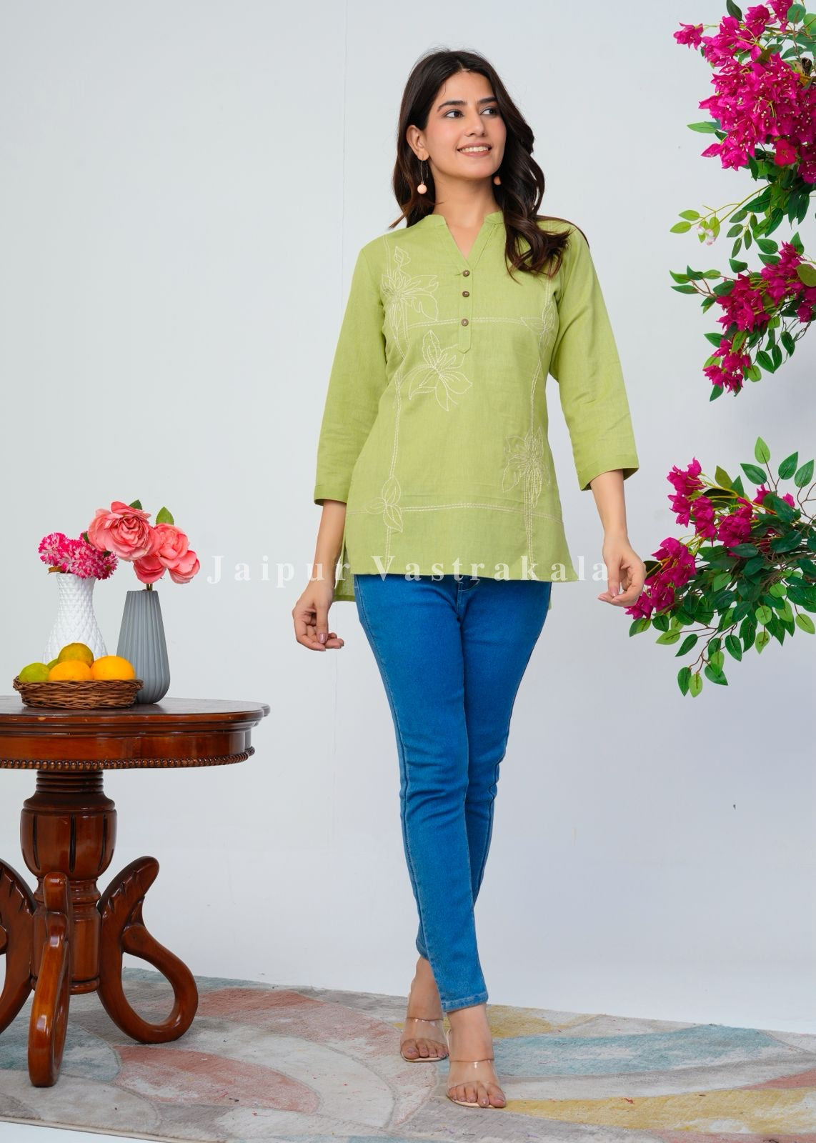 Pista Green Bud Embroidery Cotton Linen Top