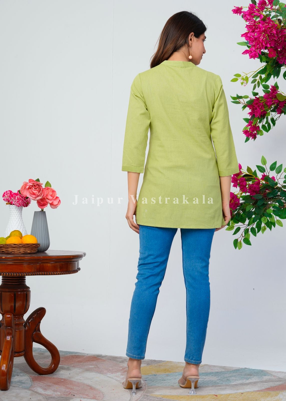 Pista Green Bud Embroidery Cotton Linen Top