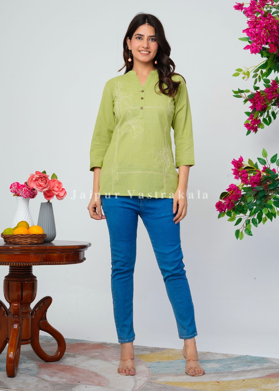 Pista Green Bud Embroidery Cotton Linen Top