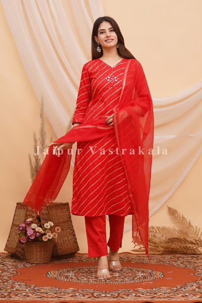 Red Lehariya Kota Dupatta Set