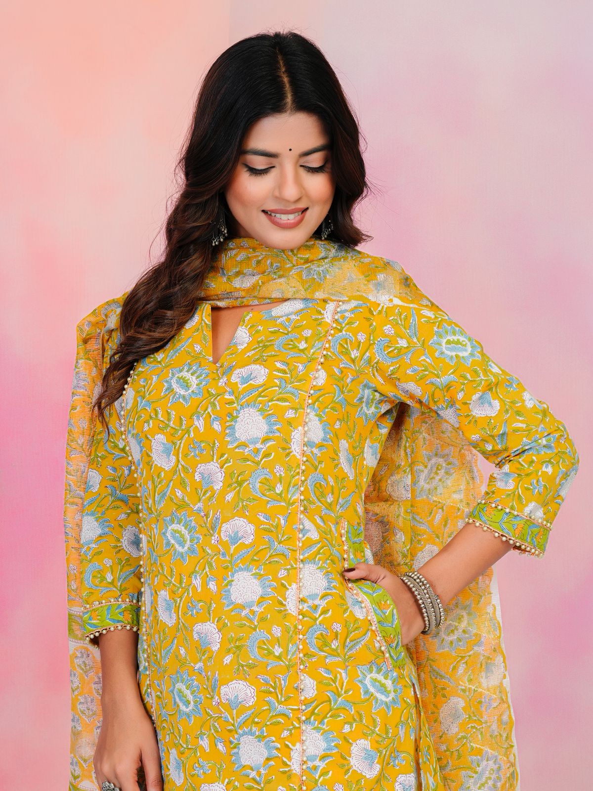 Yellow Serenade Moti Mala Kota Dupatta Suit