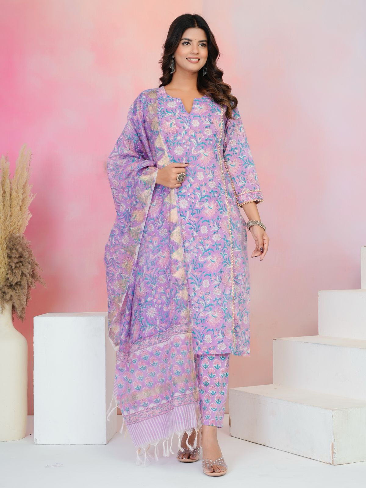 Pastel Purple Moti Mala Kota Dupatta Suit
