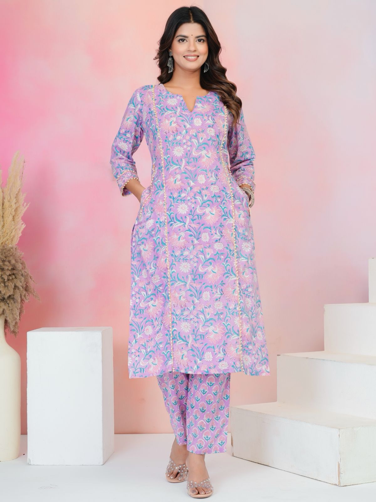 Pastel Purple Moti Mala Kota Dupatta Suit