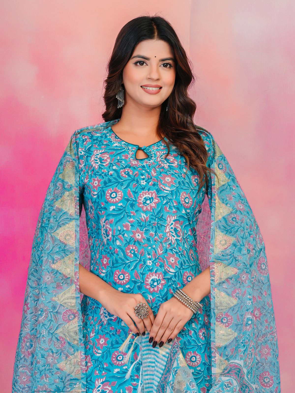 Blue Peach Kota Dupatta Suit