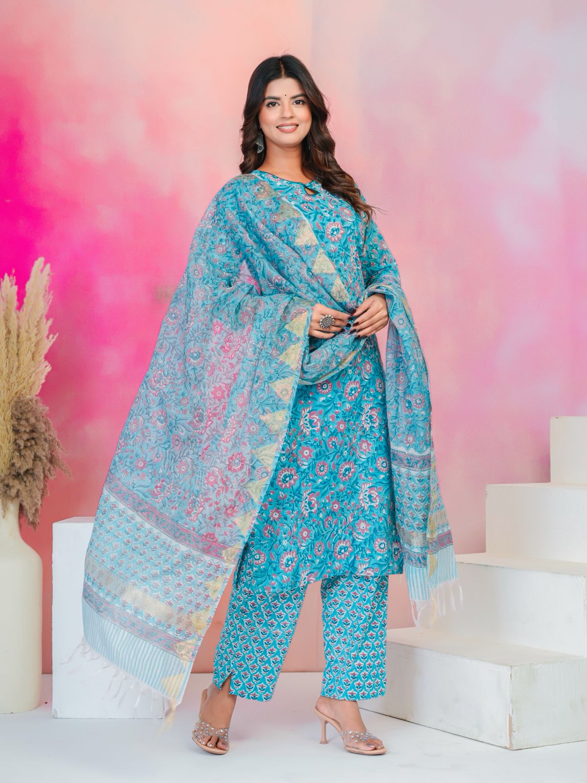 Blue Peach Kota Dupatta Suit