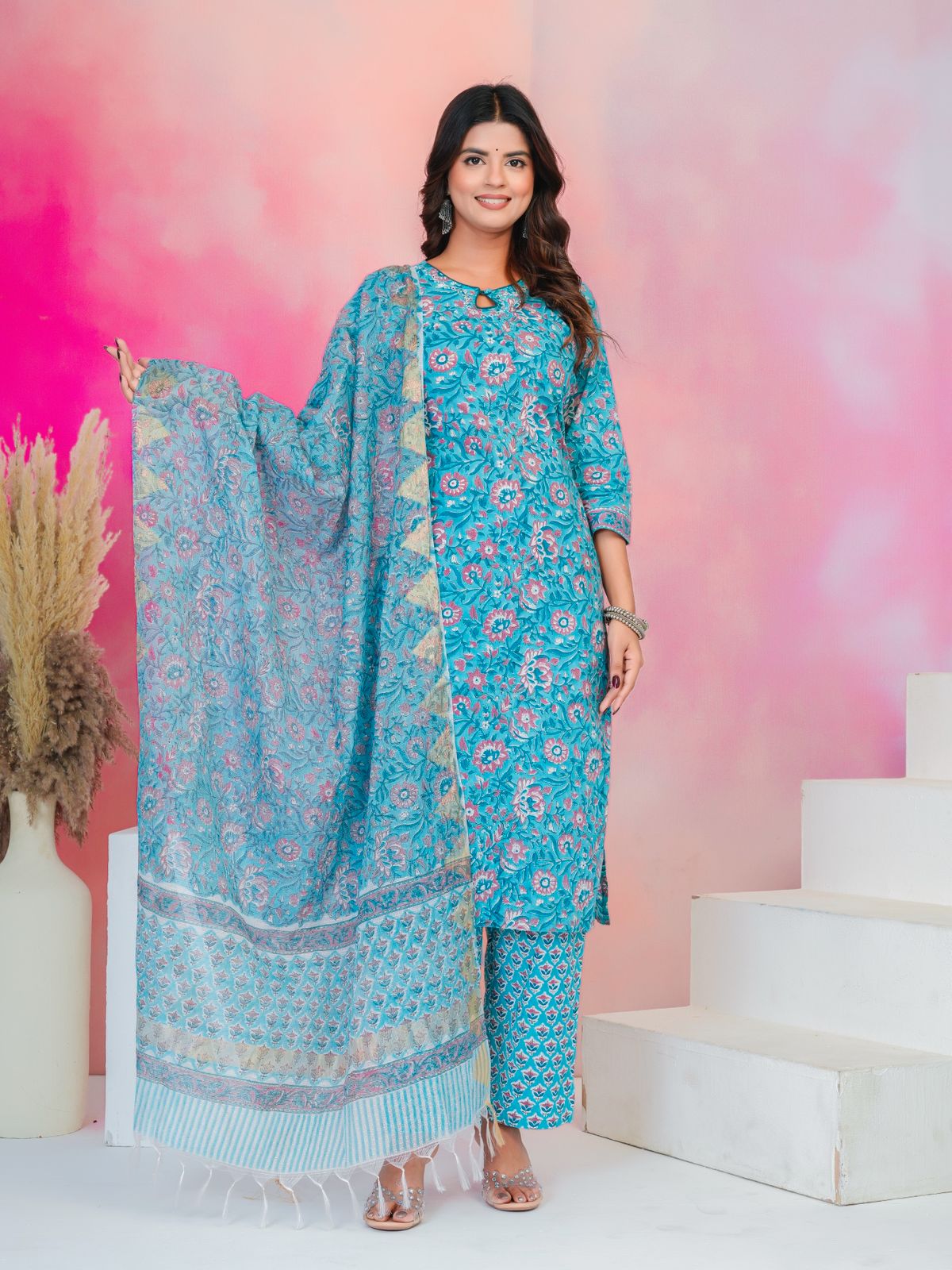 Blue Peach Kota Dupatta Suit