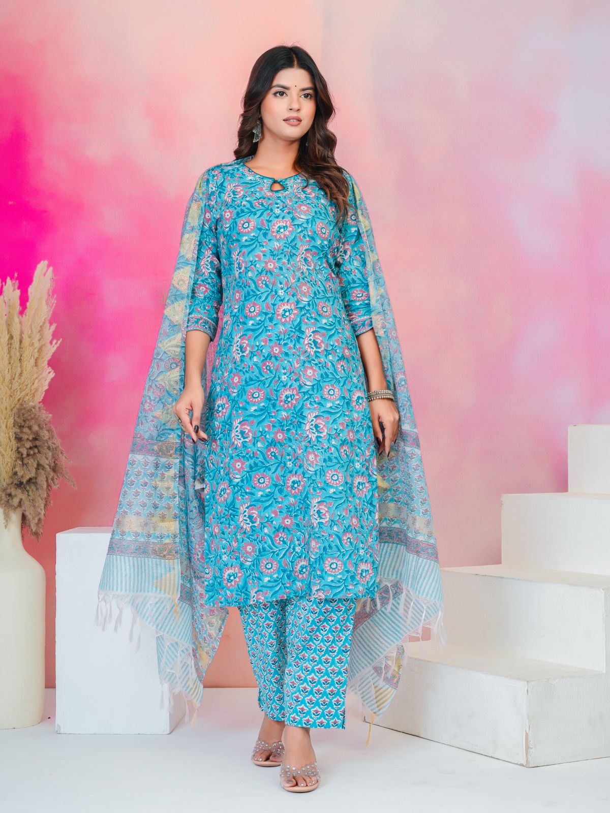 Blue Peach Kota Dupatta Suit