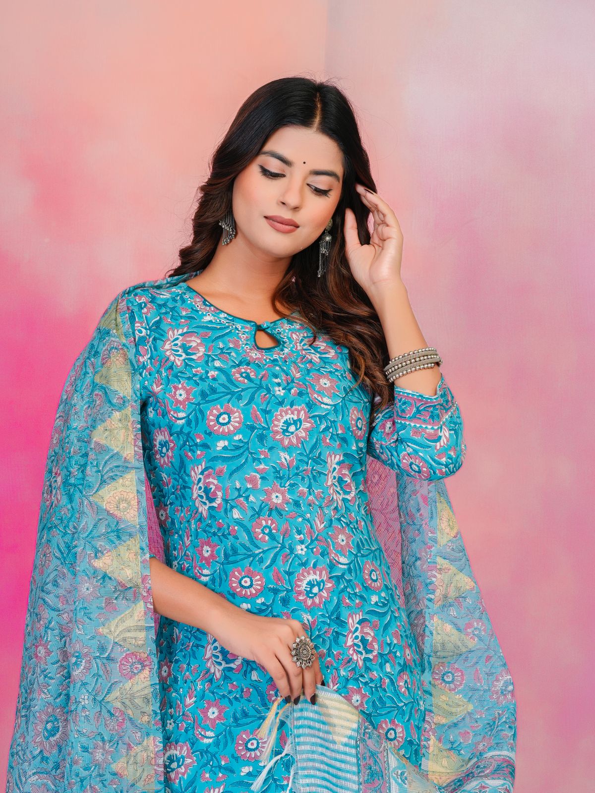 Blue Peach Kota Dupatta Suit