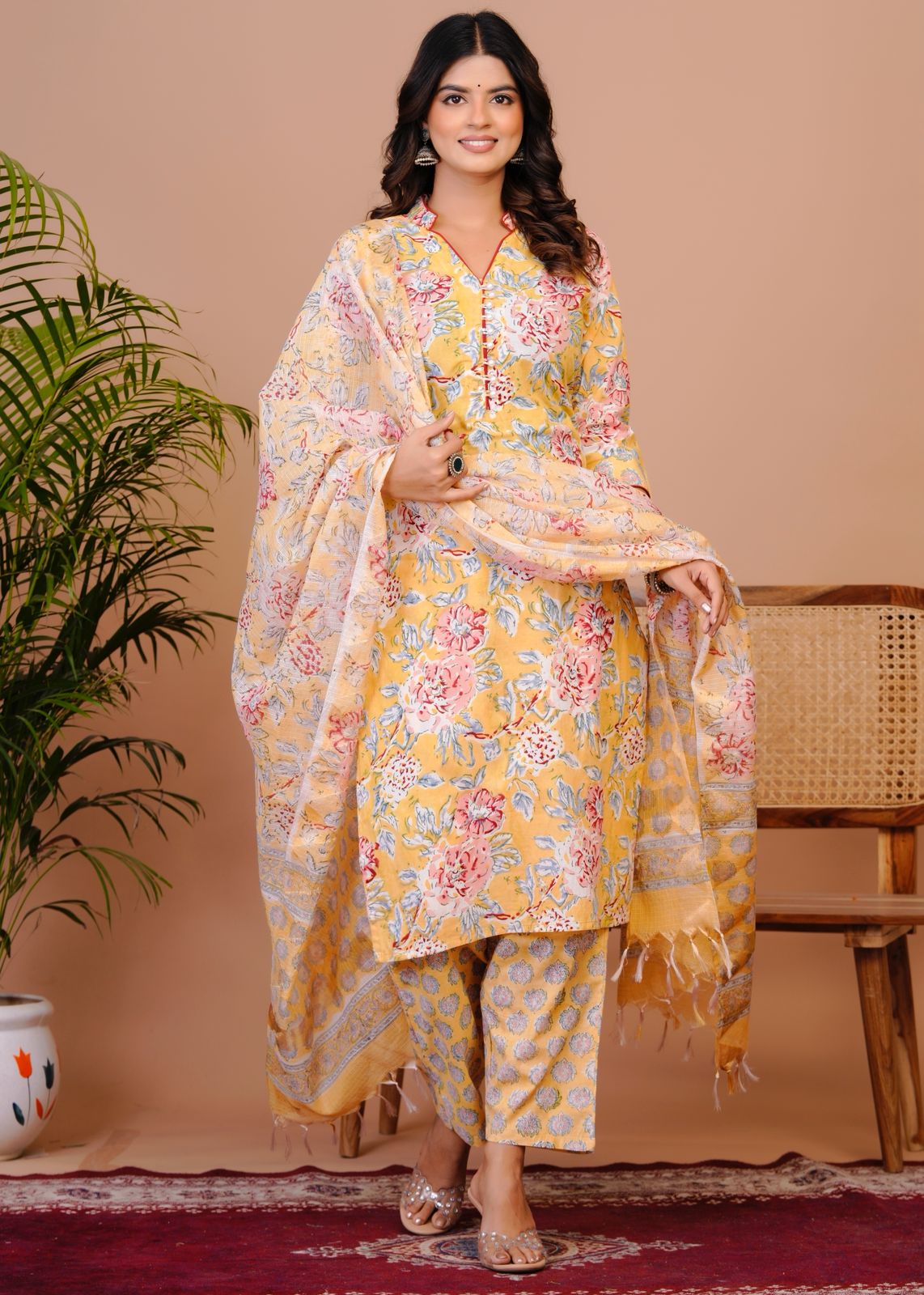 Pastel Yellow Kota Dupatta Suit