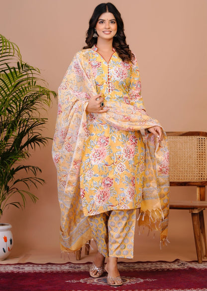 Pastel Yellow Kota Dupatta Suit