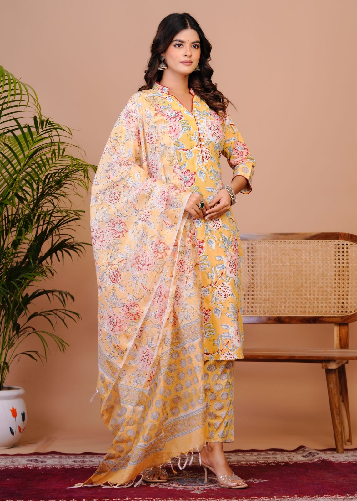 Pastel Yellow Kota Dupatta Suit
