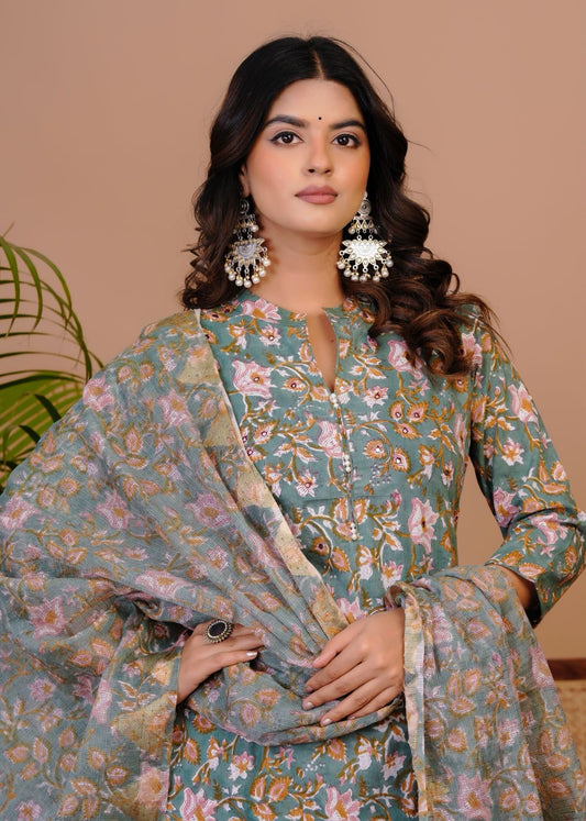 Dusky Green Petals Kota Dupatta Suit