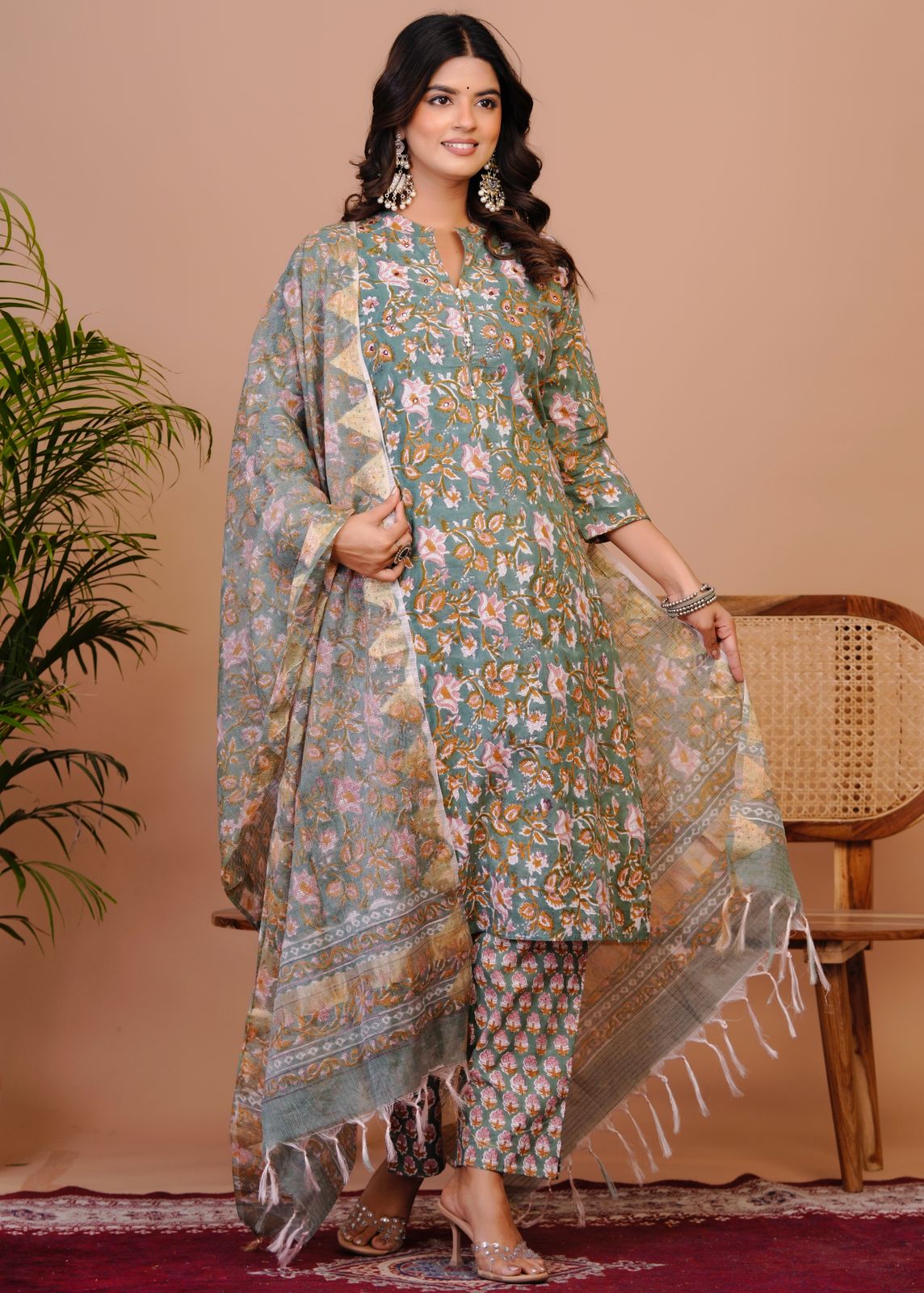 Dusky Green Petals Kota Dupatta Suit