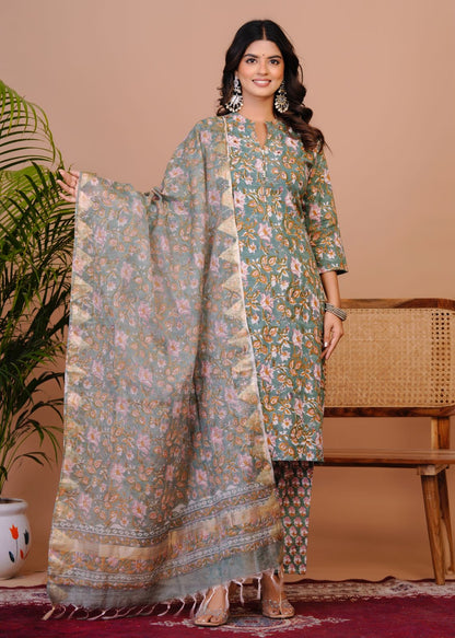 Dusky Green Petals Kota Dupatta Suit