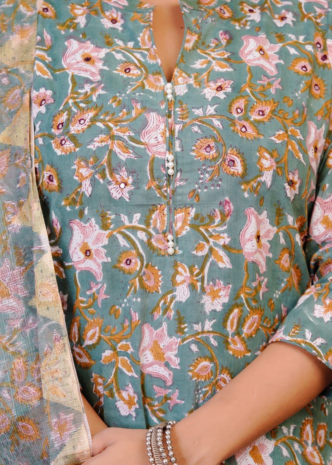 Dusky Green Petals Kota Dupatta Suit