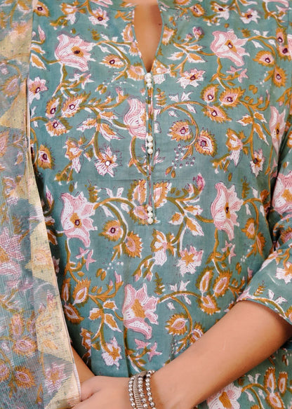 Dusky Green Petals Kota Dupatta Suit