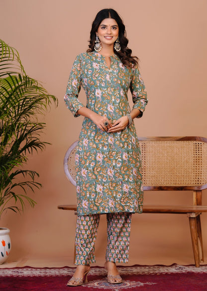 Dusky Green Petals Kota Dupatta Suit