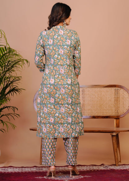 Dusky Green Petals Kota Dupatta Suit