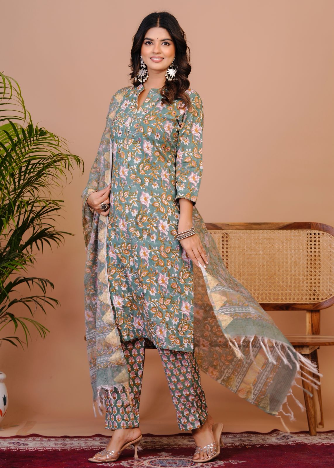 Dusky Green Petals Kota Dupatta Suit