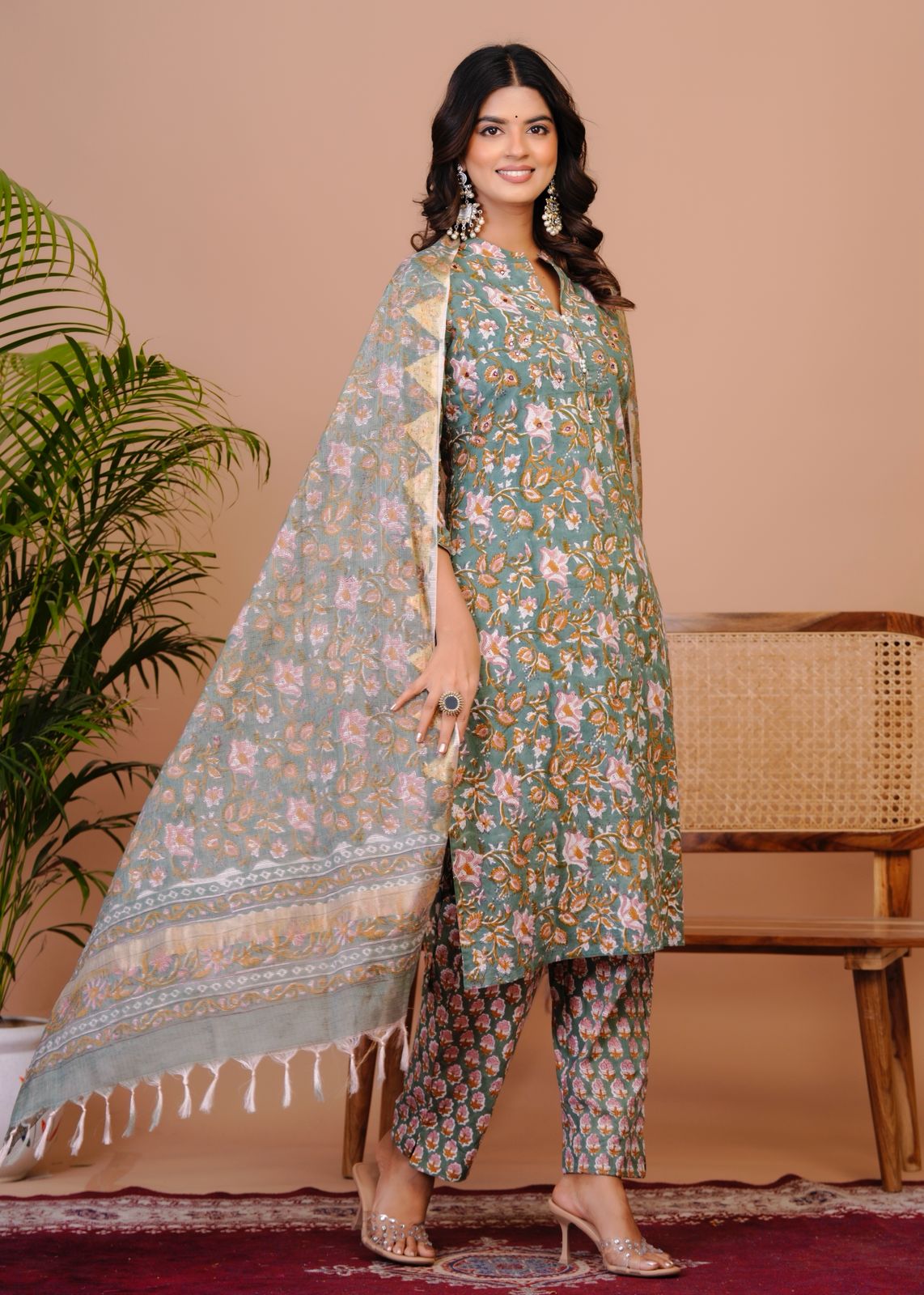 Dusky Green Petals Kota Dupatta Suit