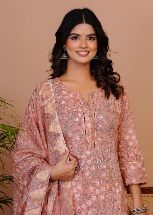 Peach Brown Pakistani Lace Kota Dupatta Suit