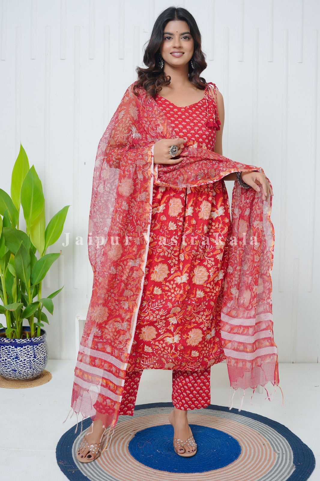 Red Whispers Spaghetti Anarkali Cotton Suit