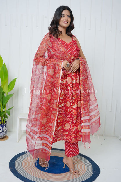 Red Whispers Spaghetti Anarkali Cotton Suit