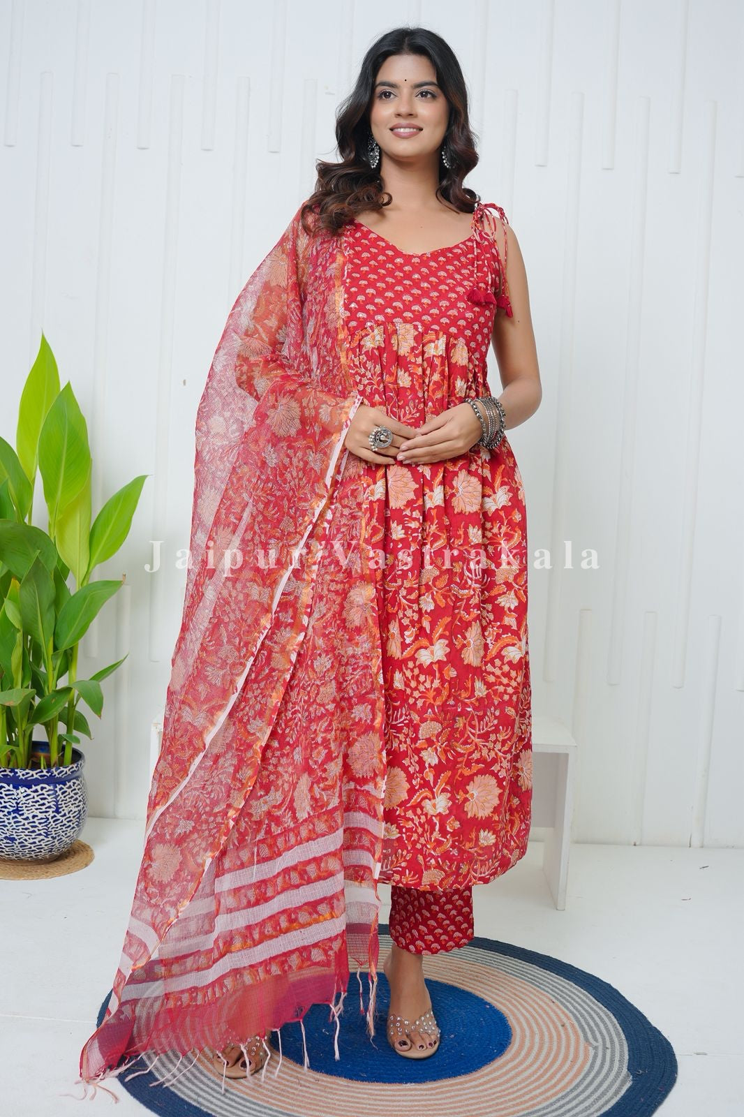 Red Whispers Spaghetti Anarkali Cotton Suit