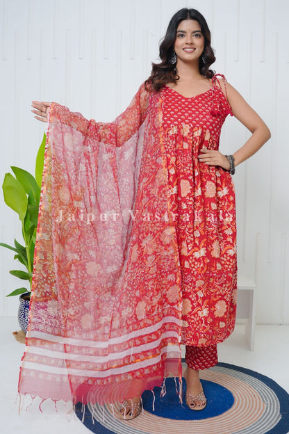 Red Whispers Spaghetti Anarkali Cotton Suit