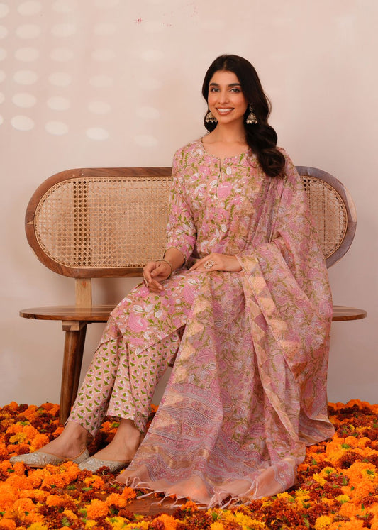 Peach Pastel Blossoms Kota Dupatta Suit